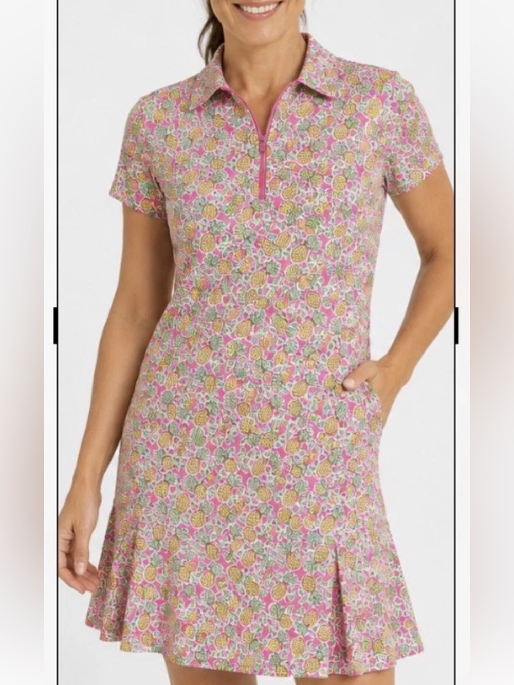 IBKUL Pink Pineapple Print Zip Polo Mini Dress UPF50+ Tennis